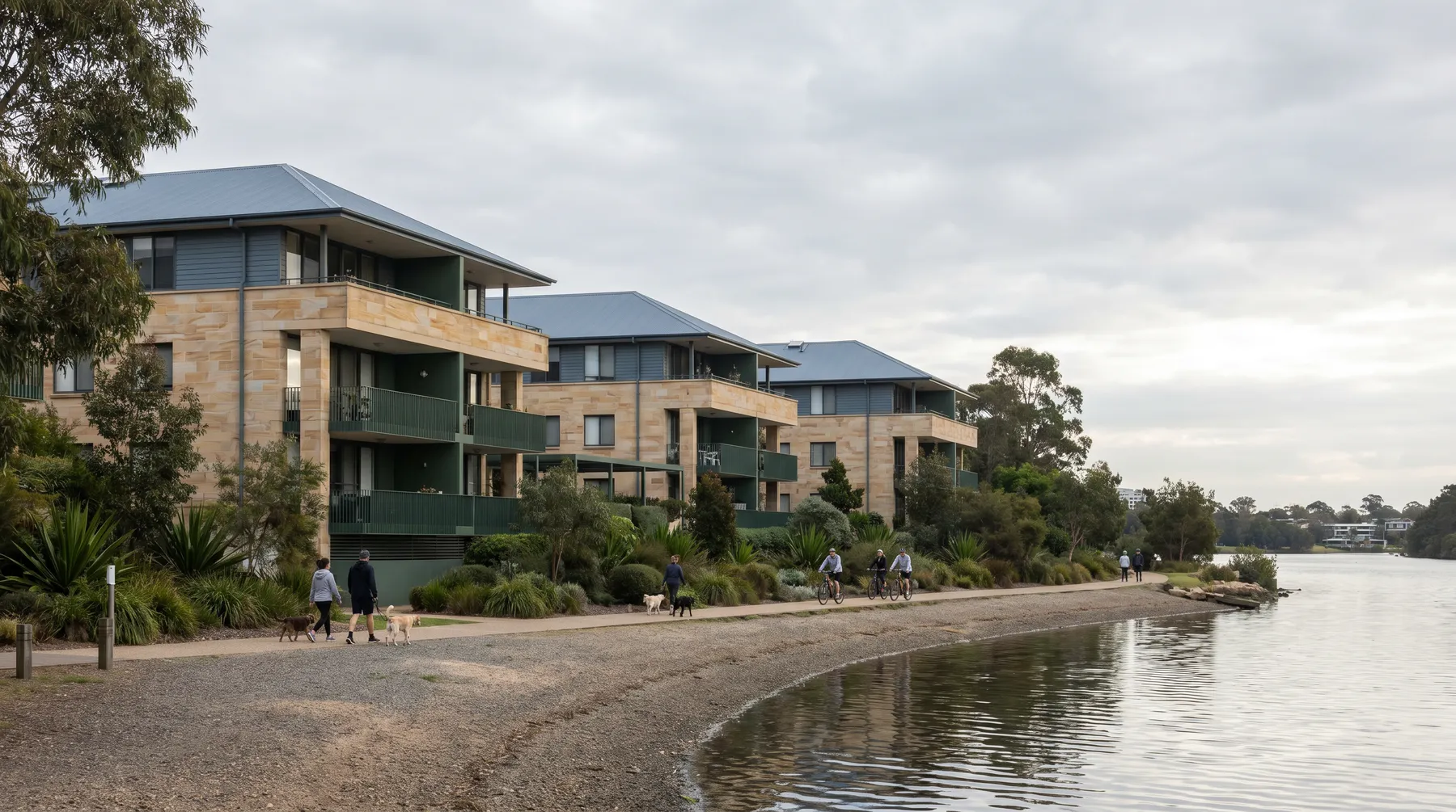 Waterfront apartment buildings at Huntleys Cove