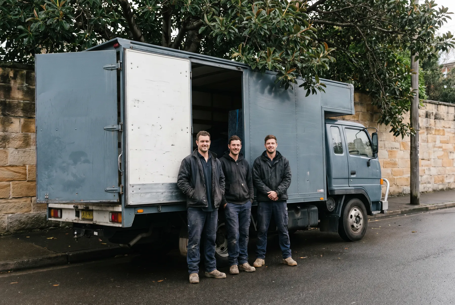 Three removalists standing beside the open rear of a slate-grey moving truck by a sandstone wall