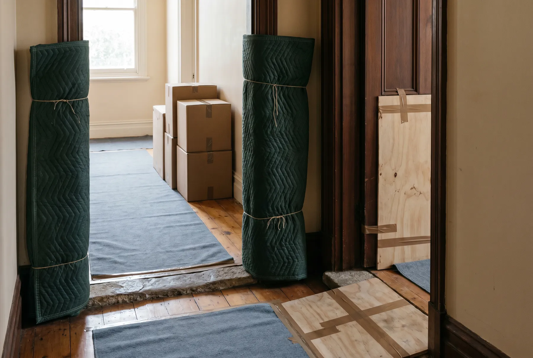 A hallway prepared for moving day with floor runners and padded door frames