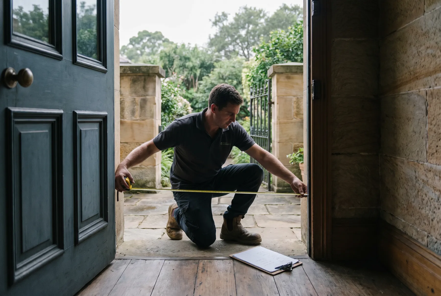 A removalist measuring the width of a sandstone doorway with a tape measure, clipboard on the floorboards