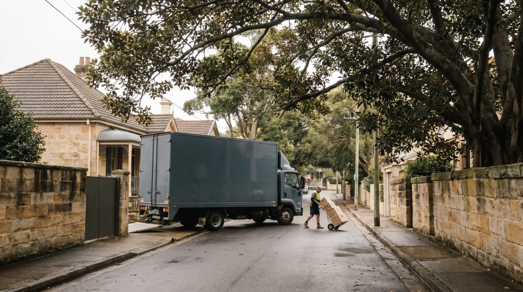 A removals truck standing at the kerb of a narrow tree-lined Hunters Hill street